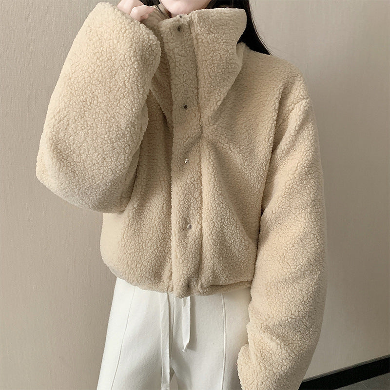 Women's short padded jacket with high-closing shawl collar and teddy cuffs Mune Fashion