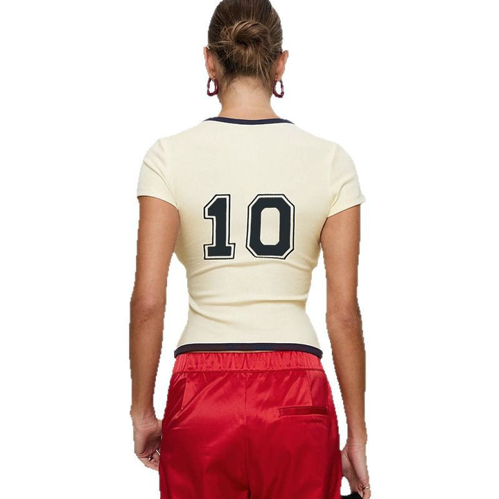 Damen Figurbetontes geripptes T-Shirt mit Logoprint und Kontrastkragen Mune Fashion