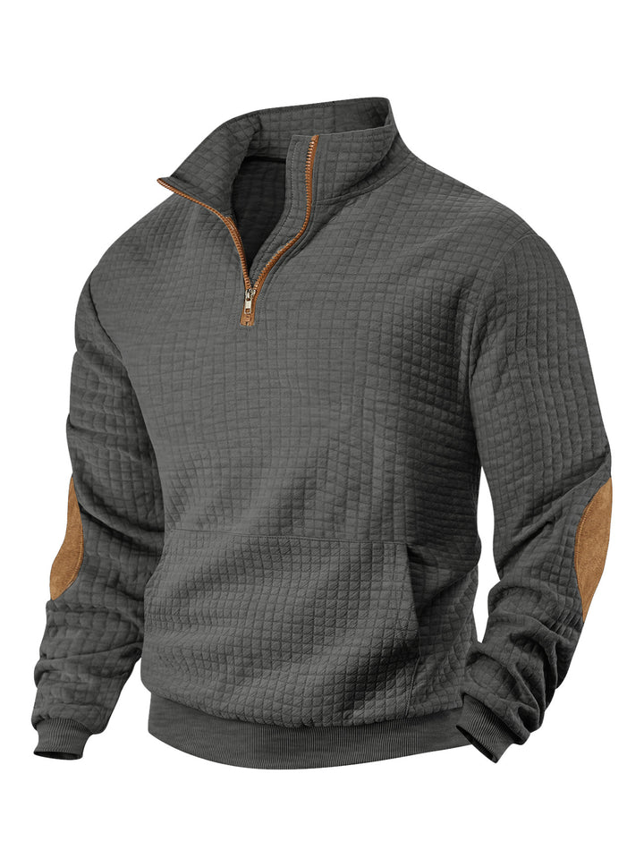 Men's waffle texture half-zip with stand-up collar, kangaroo pocket, and suede look elbow patches Mune Fashion