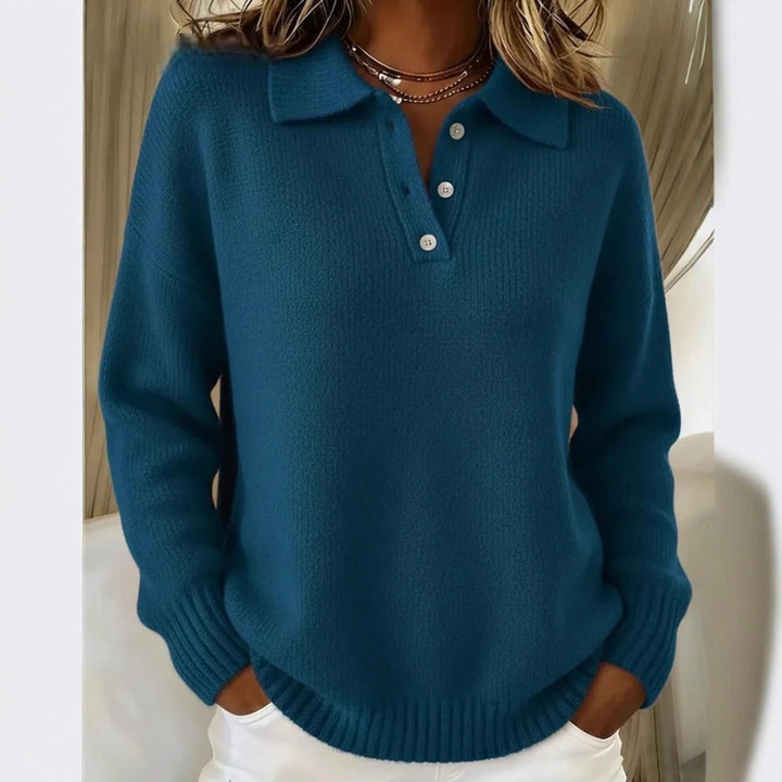 Women's cozy polo collar sweater with short button placket and ribbed cuffs Mune Fashion