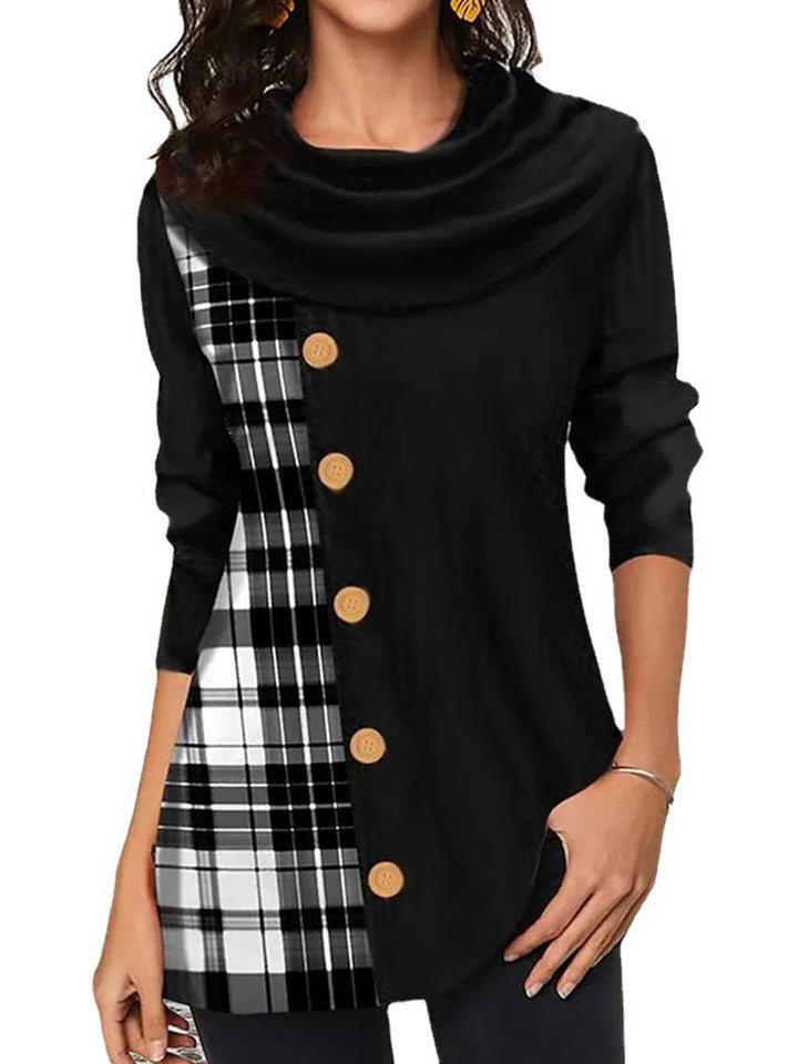 Women's Asymmetrical Tunic with Shawl Collar, Wooden Button Placket and Check Panel Mune Fashion