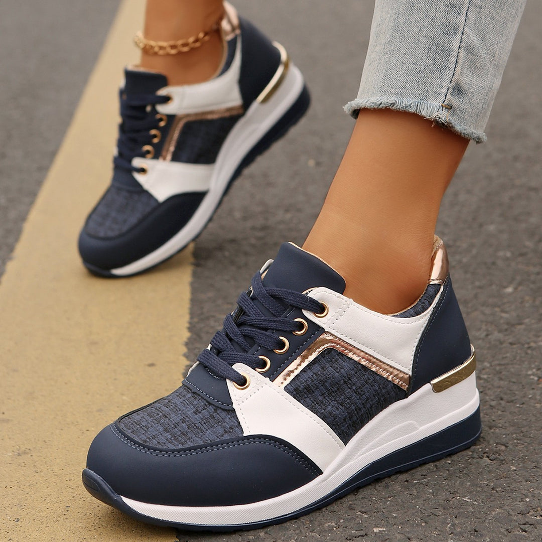 Women's sporty wedge sneakers with textured knit mix padded comfort insole and gold accents Mune Fashion