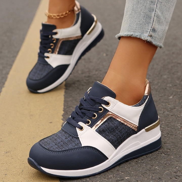 Women's sporty wedge sneakers with textured knit mix padded comfort insole and gold accents Mune Fashion