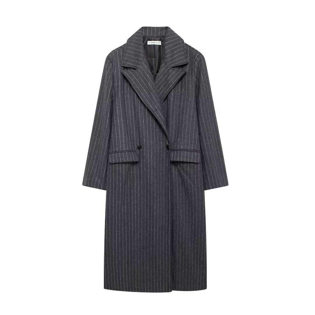 Ladies long tailored pinstripe wool blend coat with lapel collar and patch pockets Mune Fashion