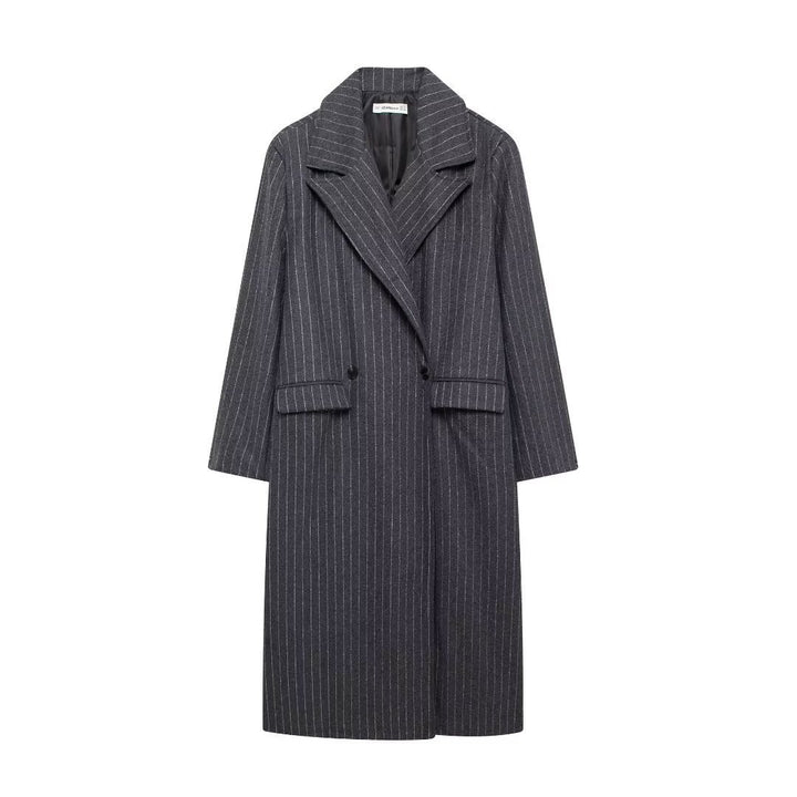 Ladies long tailored pinstripe wool blend coat with lapel collar and patch pockets Mune Fashion