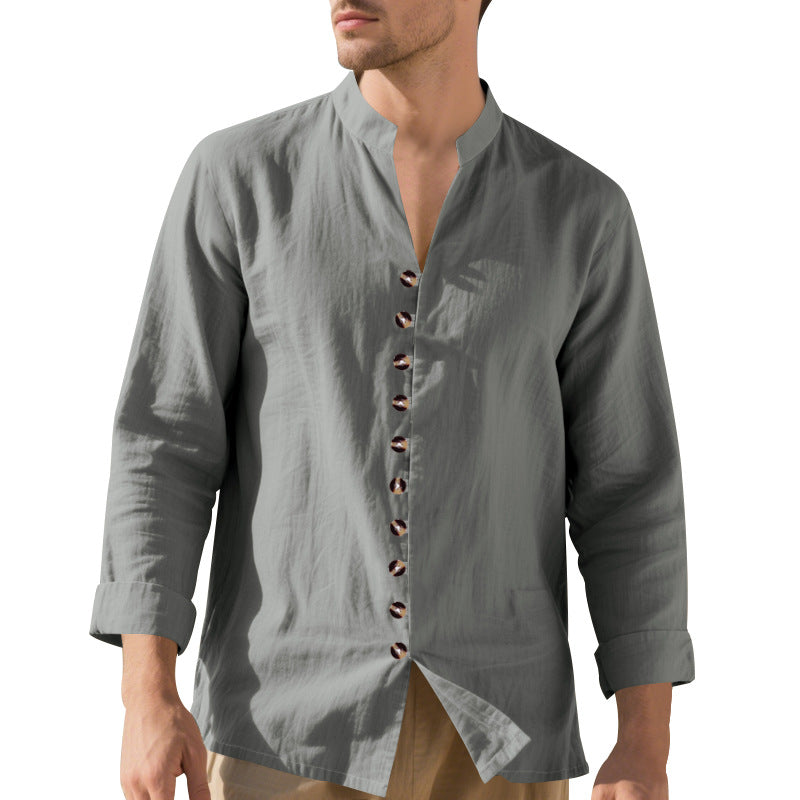 Men's casual linen shirt with Mandarin collar, continuous decorative button placket and roll-up sleeves Mune Fashion