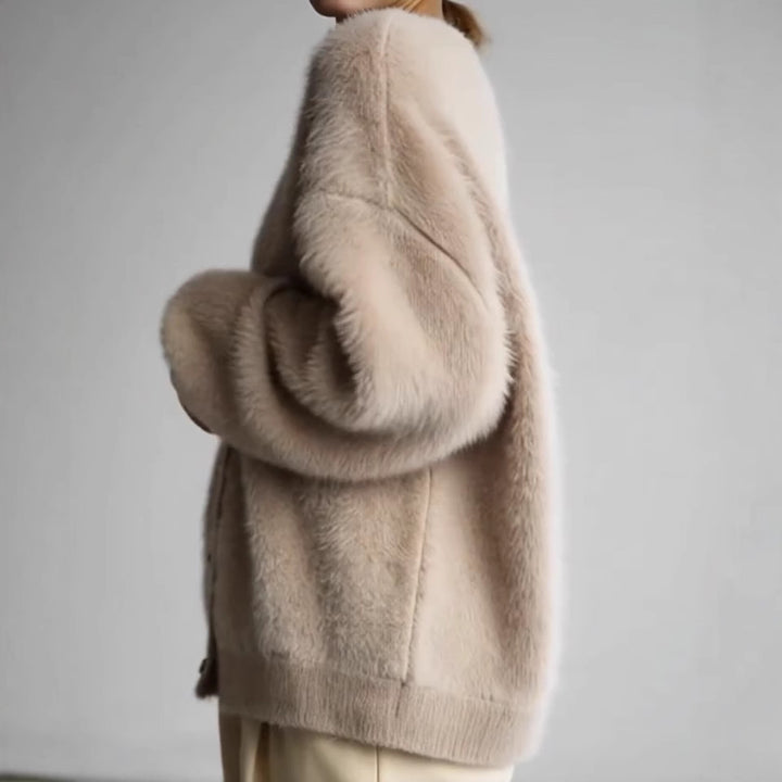 Women Fluffy Eyelash-Mix Oversize Cardigan with V-Neck and Decorative Wooden Buttons Mune Fashion