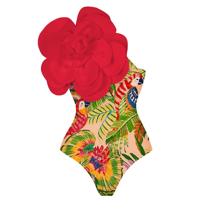 Women's One-Piece Swimsuit with Decorative Floral Element Mune Fashion