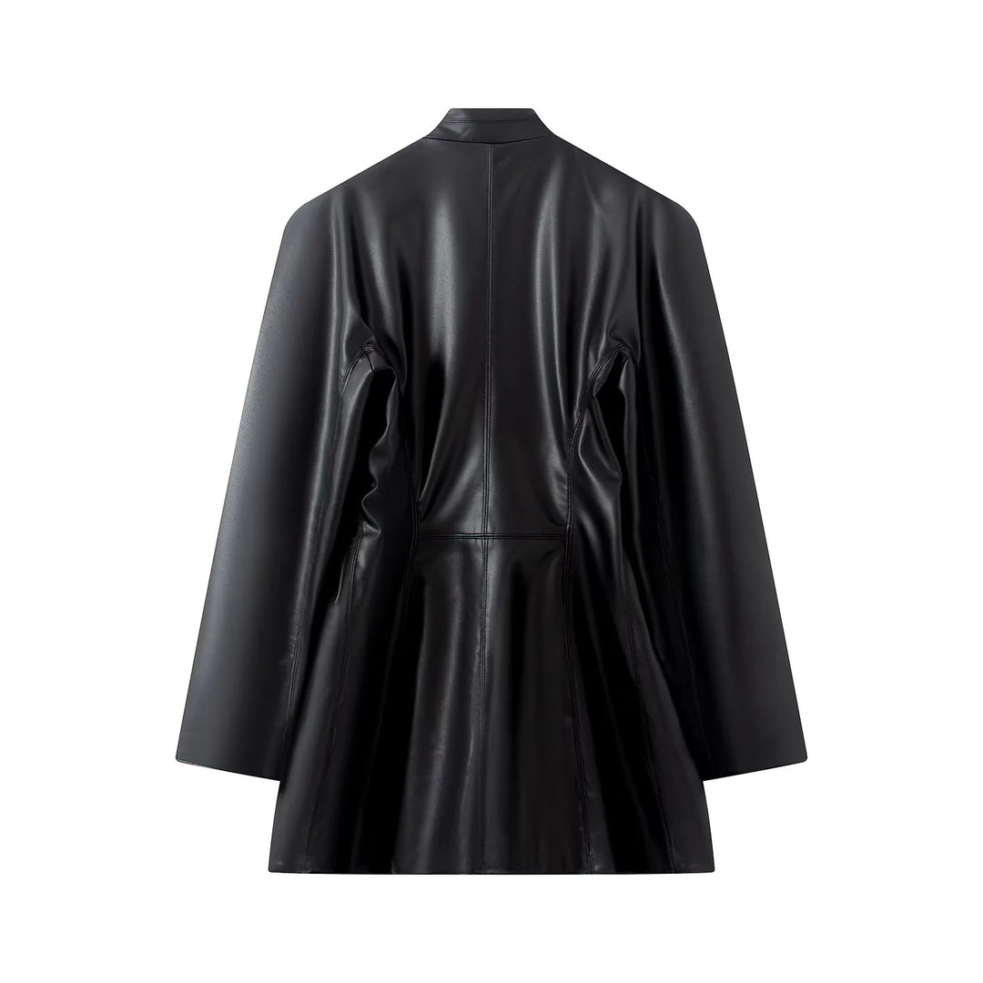 Women's tailored vegan leather look coat blazer with shawl collar, decorative button belt, and slip pockets Mune Fashion