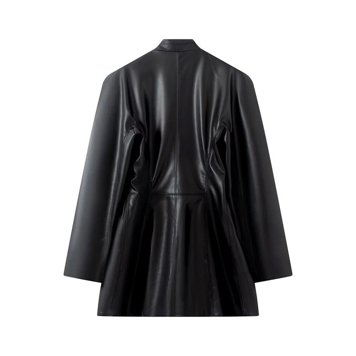 Women's tailored vegan leather look coat blazer with shawl collar, decorative button belt, and slip pockets Mune Fashion