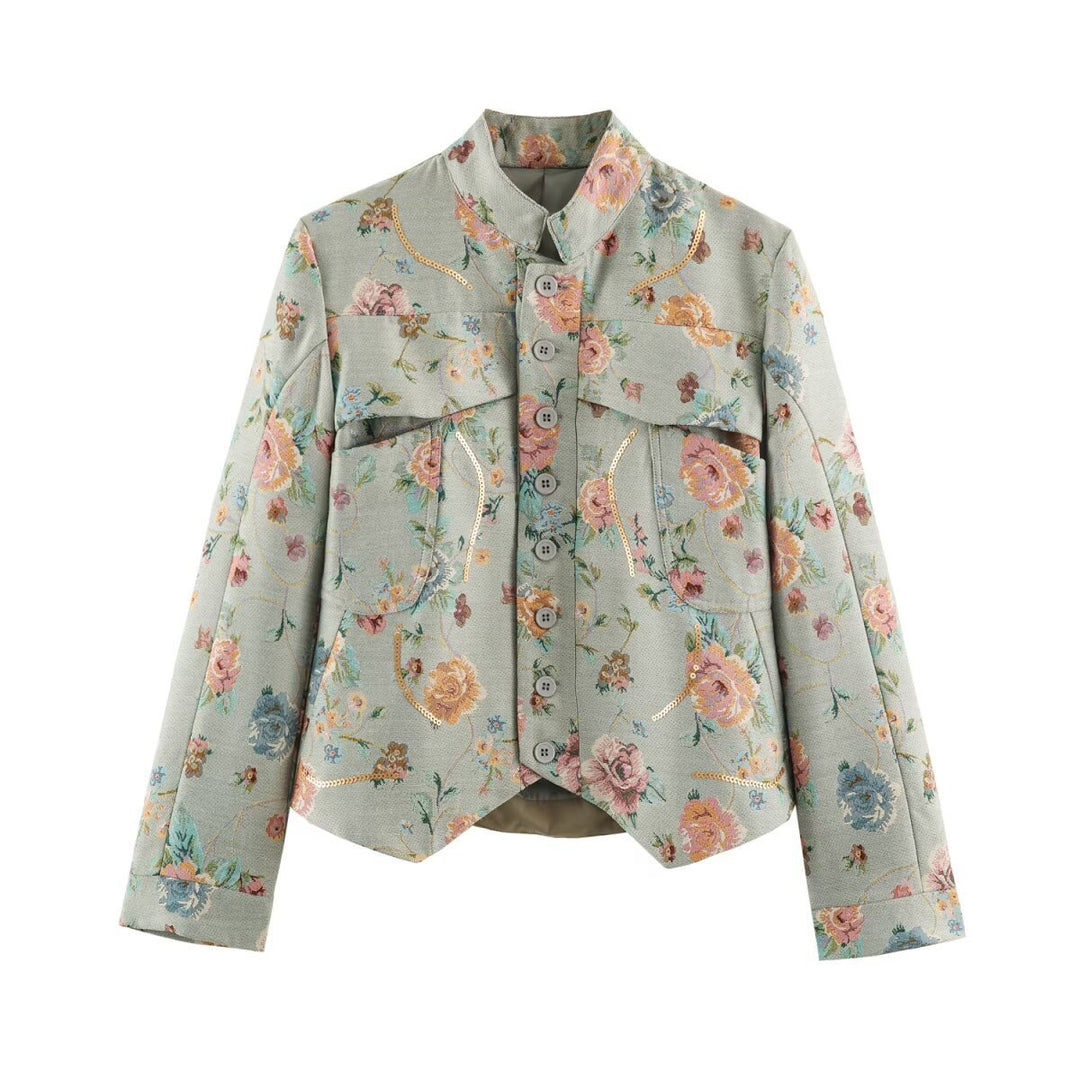 Women's Embroidered Jacquard Short Jacket with Mandarin Collar and Flap Pockets Mune Fashion
