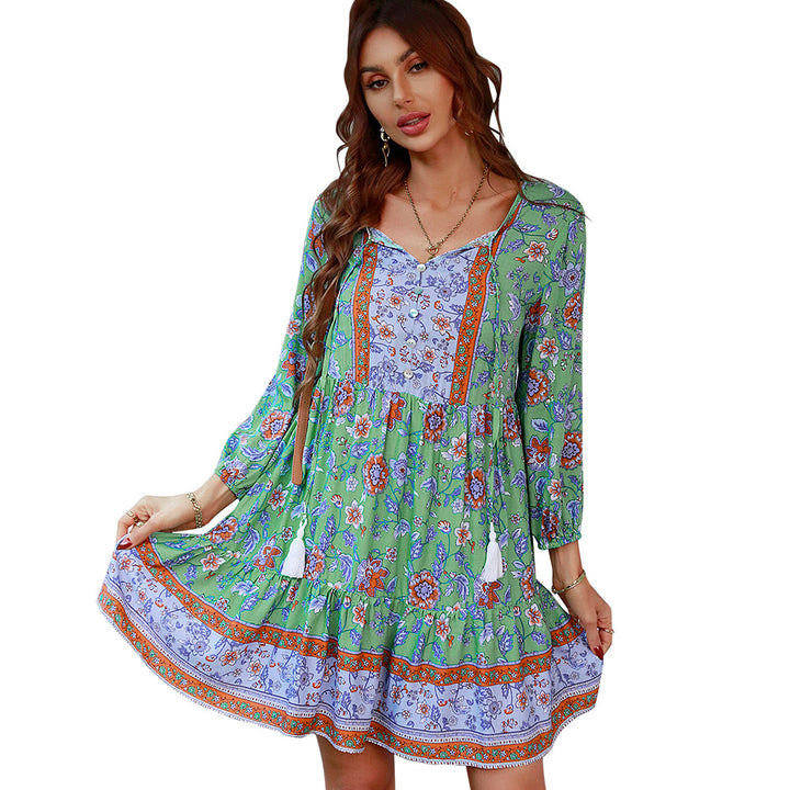 Women's Boho Flower Mini Dress with V-Neck, Tassel Tie Belt and Tiered Ruffle Skirt Mune Fashion