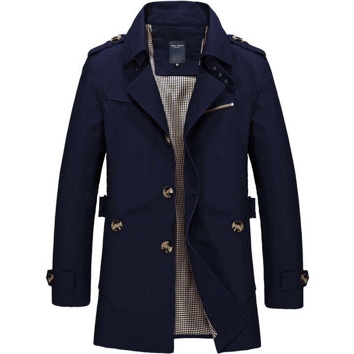Men's modern double-breasted trench coat with epaulettes and checked lining Mune Fashion