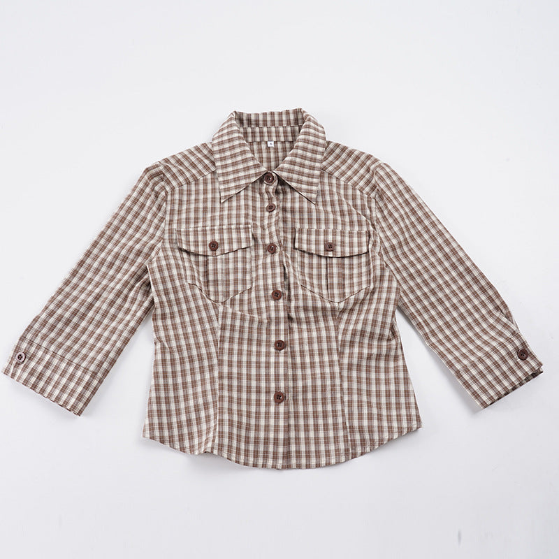 Women fitted three-quarter sleeve checked blouse with breast patch pockets and shirt collar Mune Fashion