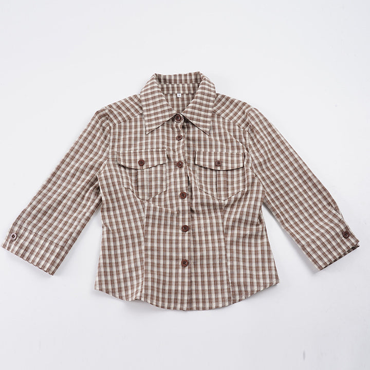 Women fitted three-quarter sleeve checked blouse with breast patch pockets and shirt collar Mune Fashion