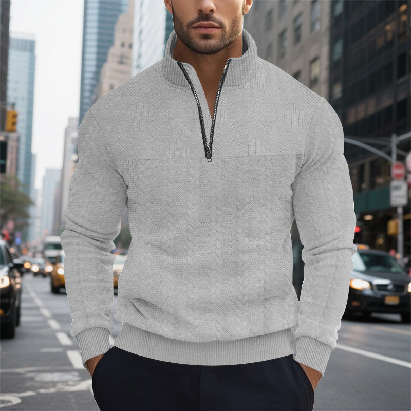 Men's cable knit half-zip pullover with stand-up collar, structured yoke and ribbed hem Mune Fashion