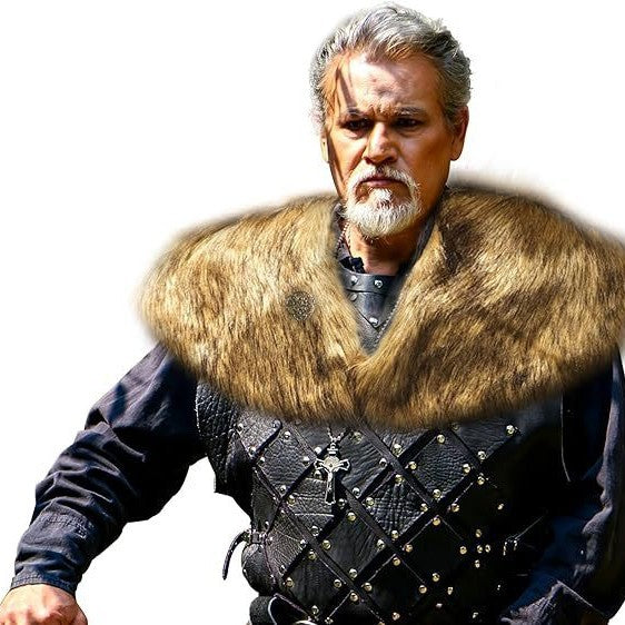 Men's Viking-inspired shoulder cape made of dense faux fur with leather trim and decorative brooch Mune Fashion