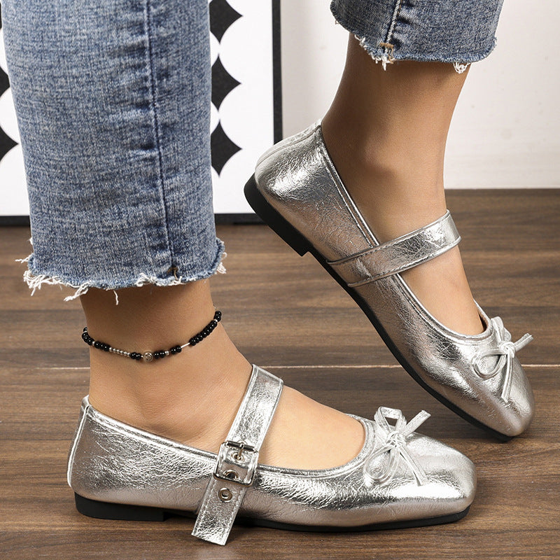 Women's ballerina flats with leopard print, adjustable Mary Jane strap and decorative bow Mune Fashion