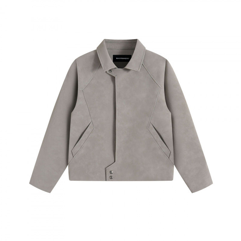 Unisex short jacket in minimalist suede look with concealed front placket and shirt collar Mune Fashion
