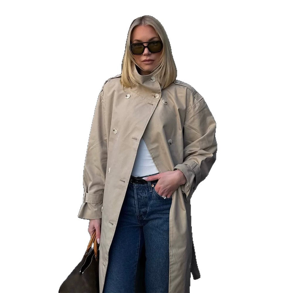 Women’s maxi trench coat with high stand-up collar, double-breasted button placket & waist belt Mune Fashion