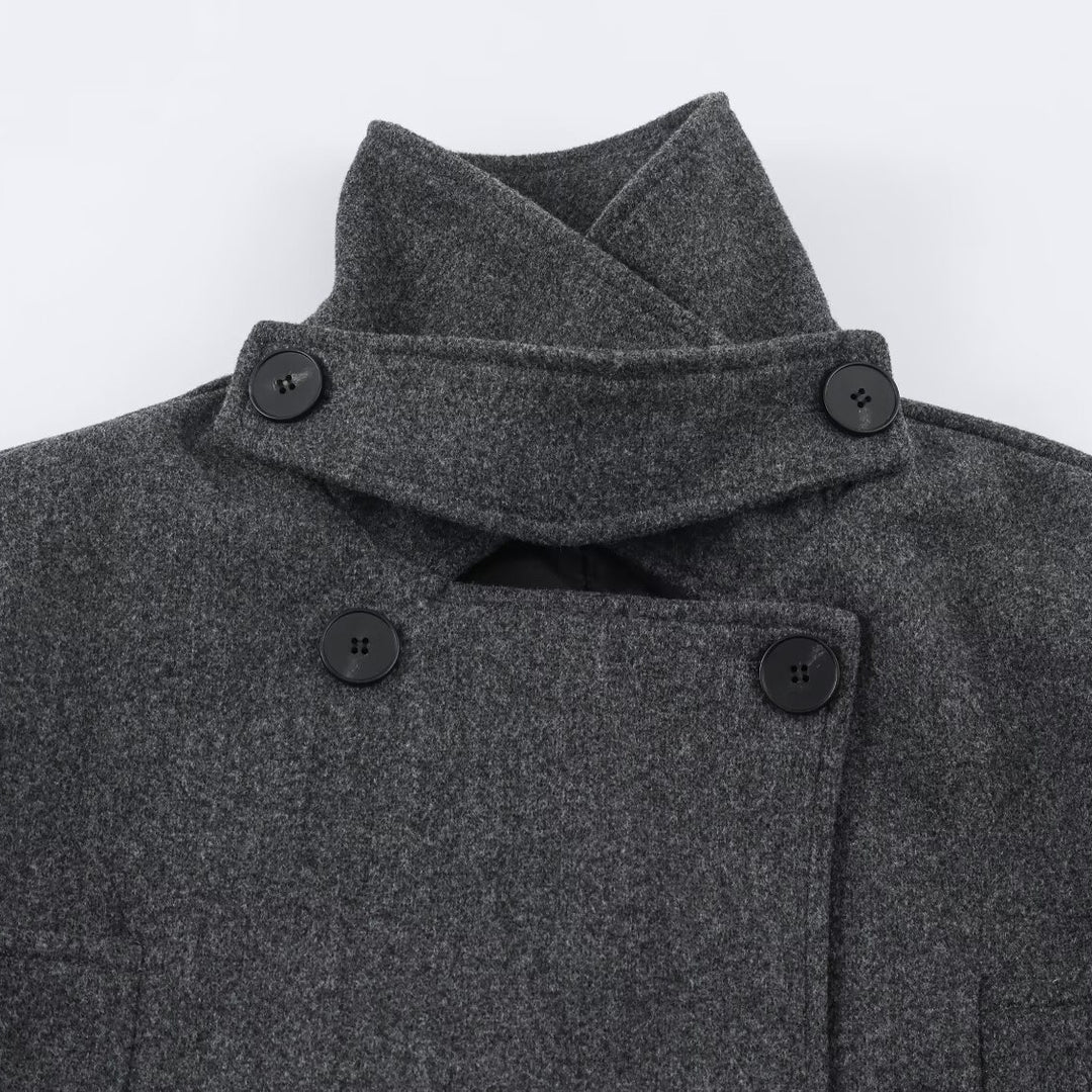 Women's short coat in double-breasted wool blend with high standing collar and waist belt Mune Fashion
