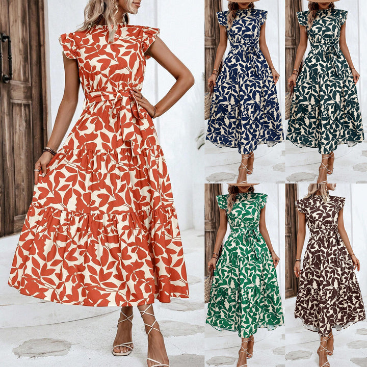 Women’s Midi Dress with Tiered Skirt, Gathered Waist Tie and Ruffle Sleeves Mune Fashion