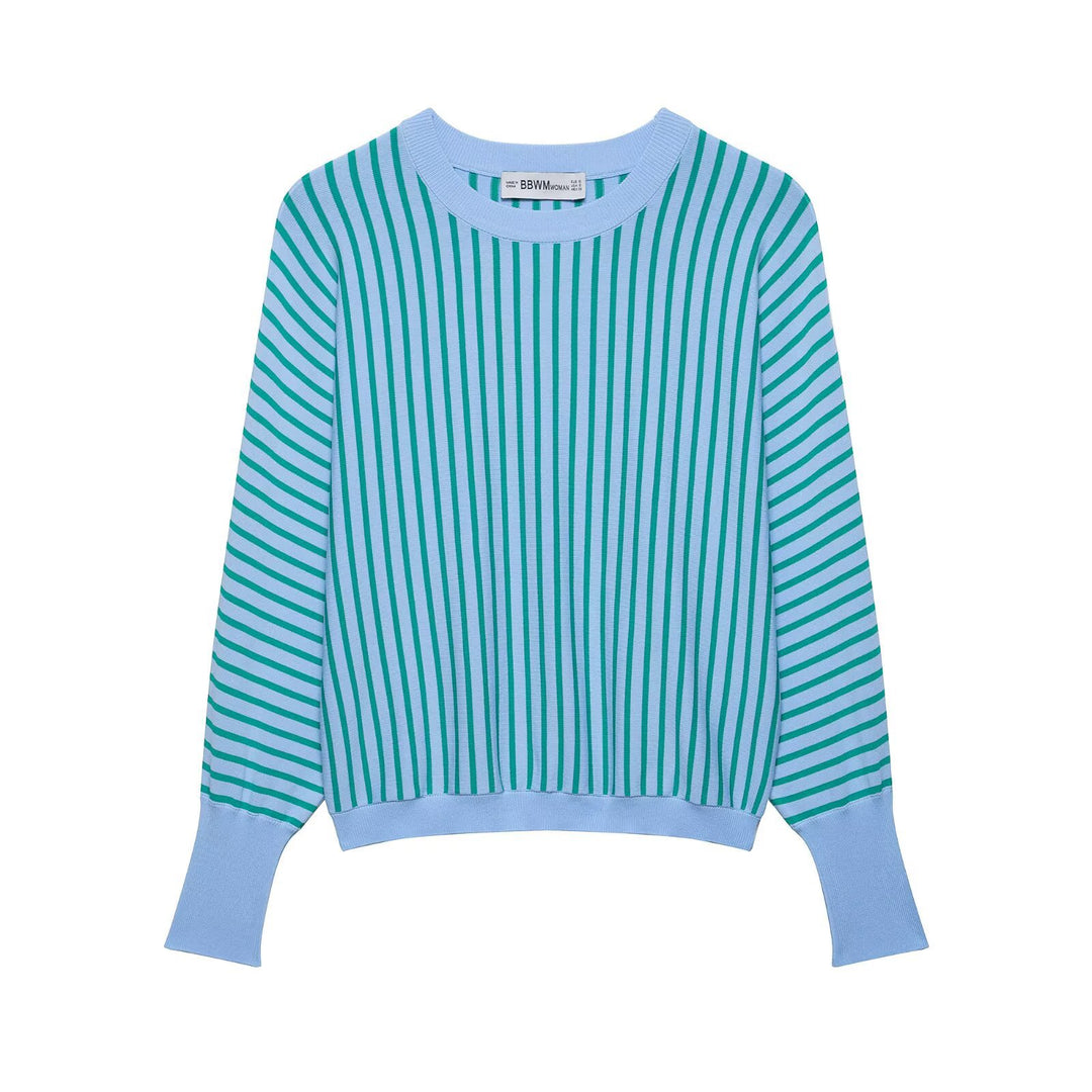 Women's Light Round Neck Fine Knit Sweater with Narrow Vertical and Diagonal Stripes Mune Fashion