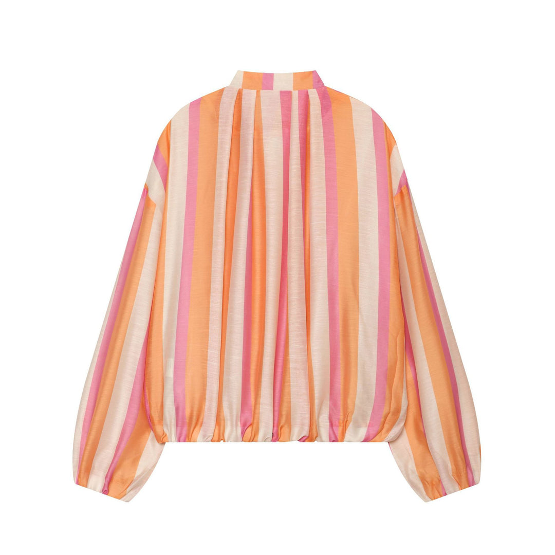 Women's Striped Cropped Bomber Jacket with High Stand Collar, Balloon Sleeves and Zipper Mune Fashion