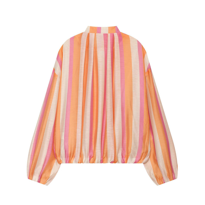 Women's Striped Cropped Bomber Jacket with High Stand Collar, Balloon Sleeves and Zipper Mune Fashion