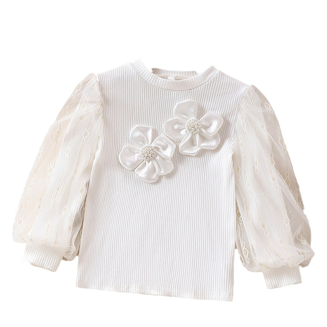 Girls fashionable blouse with transparent puff sleeves and floral accents Mune Fashion