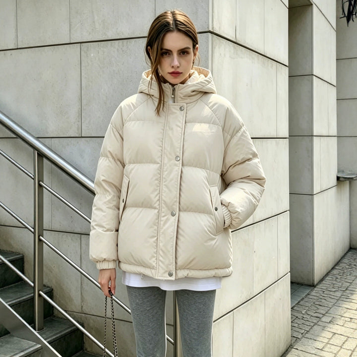Women's Oversized Quilted Coat with Hood, Snap Button Closure and Elastic Hem Mune Fashion