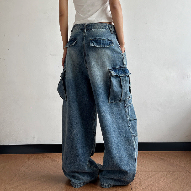 Women's Ultra Wide Palazzodenim Cargo Pants with Drop Crotch and Oversized Flap Pockets Mune Fashion