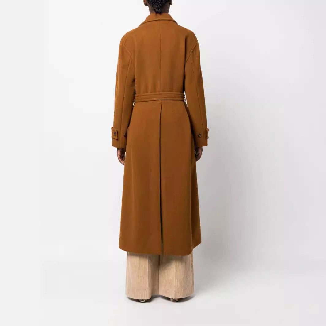 Women Maxilength Double-breasted Wool Blend Coat with Satin Ribbon Waist Belt and Rolled-up Sleeves Mune Fashion