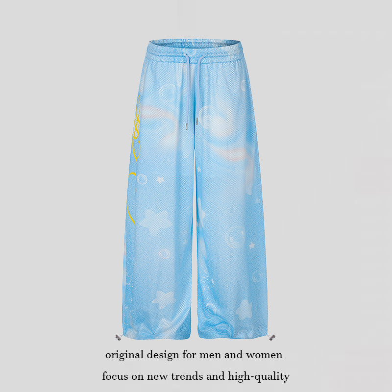 Ladies Wide Mesh Palazzo Lounge Pants with Elastic Comfort Waist and Star Bubble Print