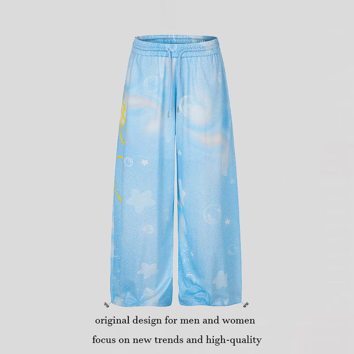 Ladies Wide Mesh Palazzo Lounge Pants with Elastic Comfort Waist and Star Bubble Print