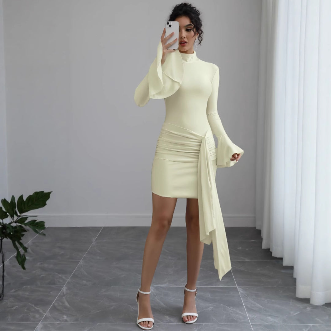Women's Fitted Mini Dress with Turtleneck, Gathered, Tie Scarf and Bell Sleeves Mune Fashion
