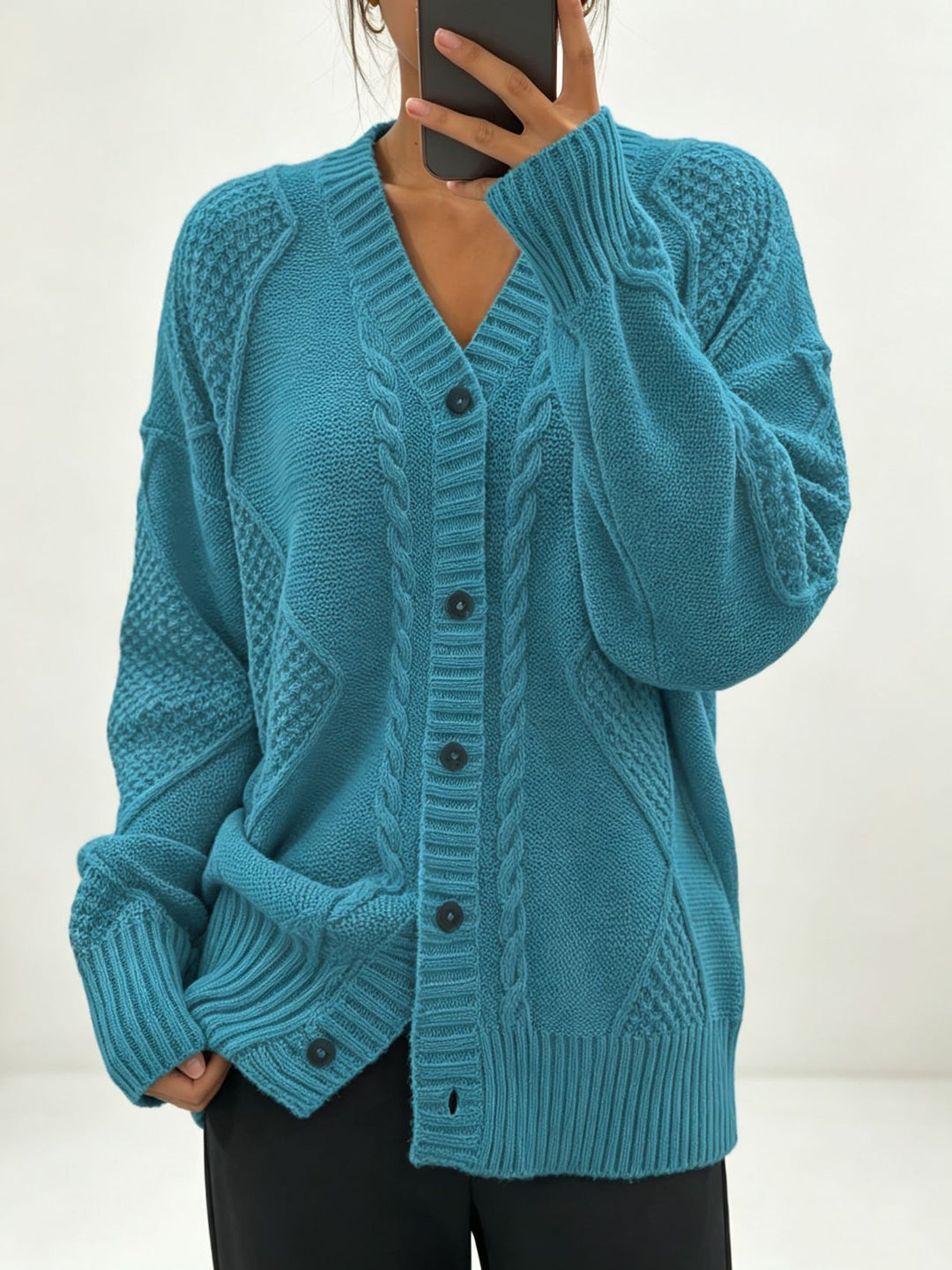 Women's Oversize Knit Cardigan with Cable and Texture Details Mune Fashion