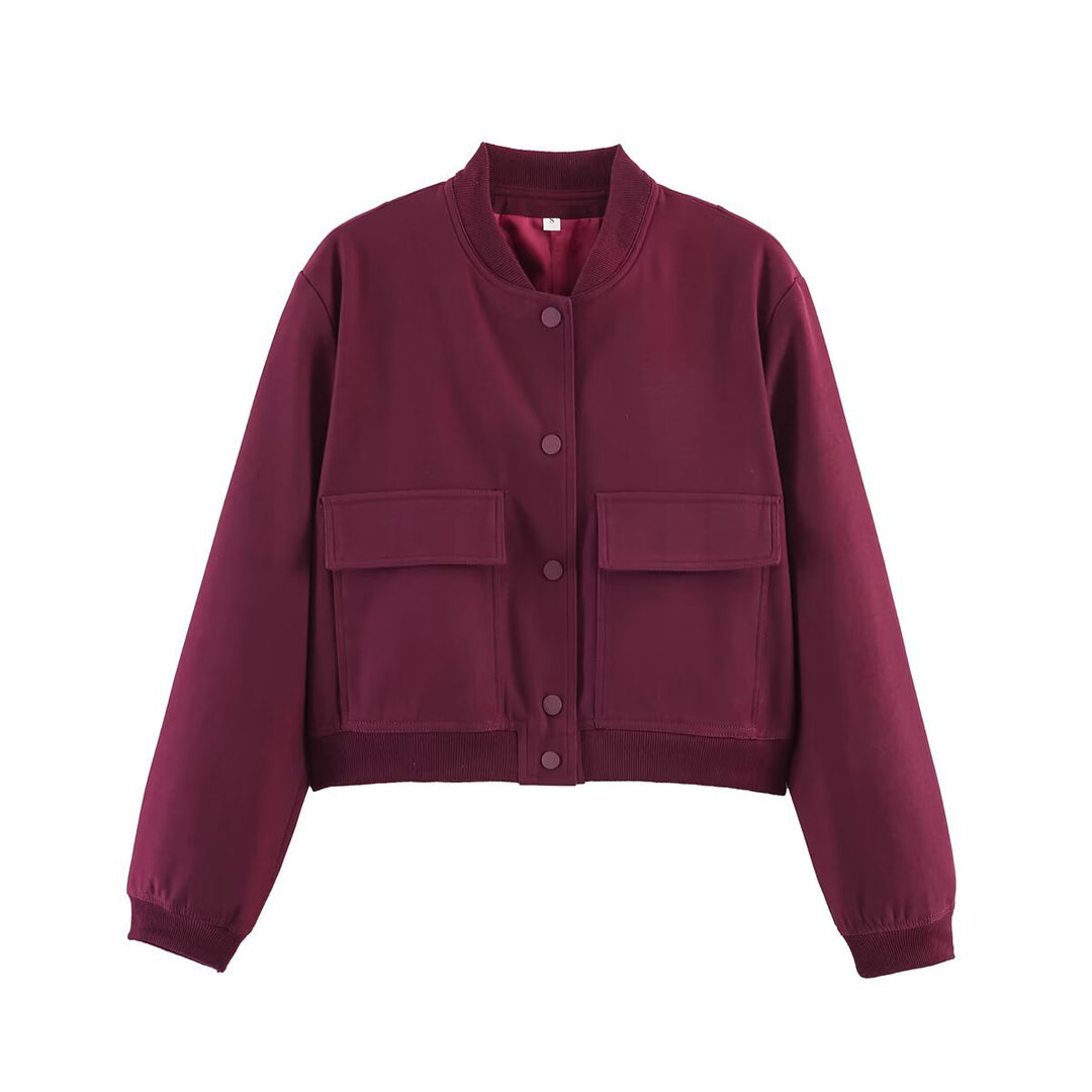 Women's short bomber jacket with snap button front, applied flap pockets and ribbed hem Mune Fashion