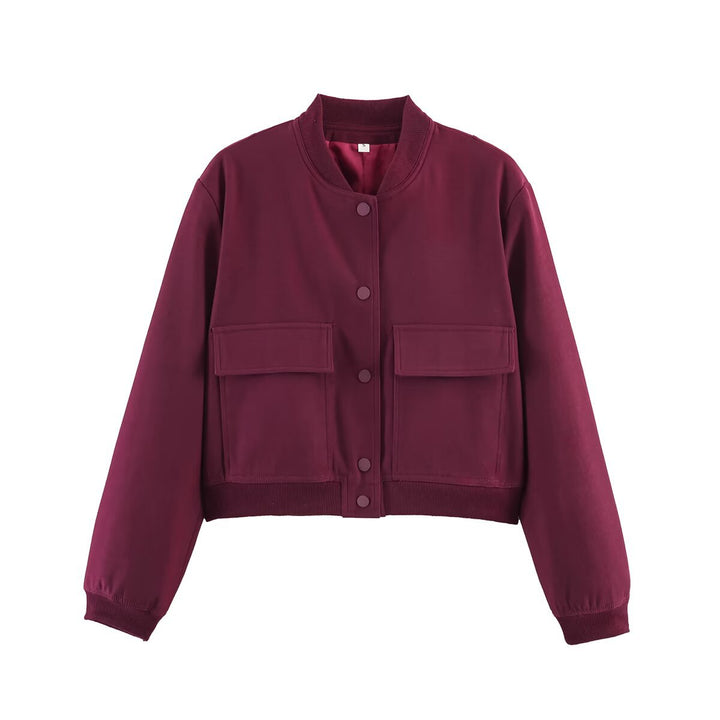 Women's short-cut bomber jacket with animal print, ribbed cuffs, patch pockets, and snap button closure Mune Fashion