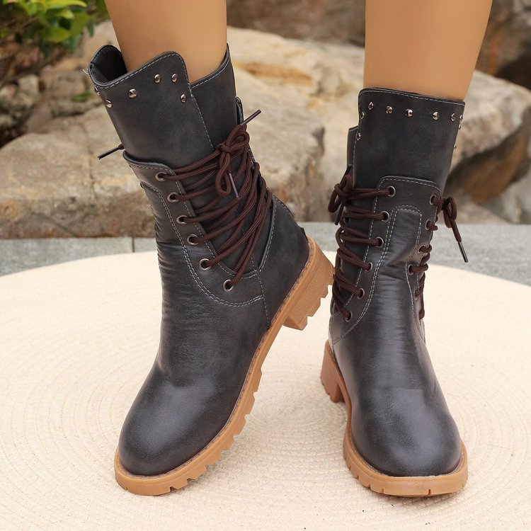 Women’s combat-style lace-up boots with stud detailing and chunky tread sole Mune Fashion