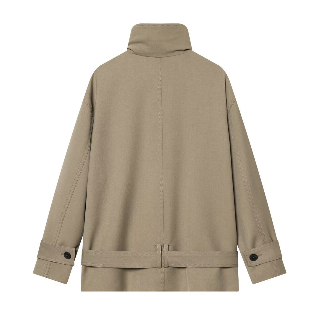 Women Short Trench Coat with High Stand Collar, Double-Breasted Button Placket and Waist Belt Mune Fashion
