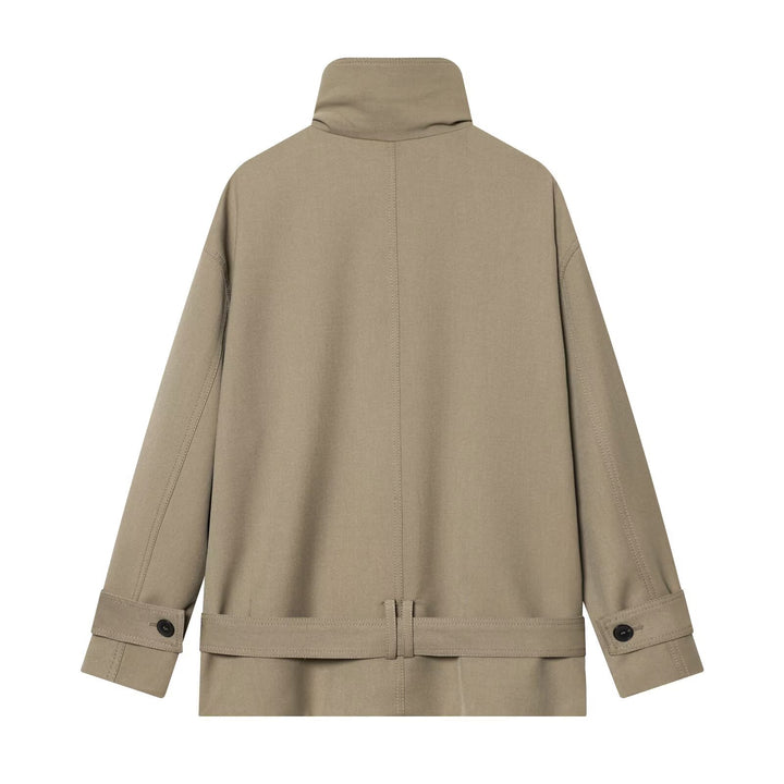 Women Short Trench Coat with High Stand Collar, Double-Breasted Button Placket and Waist Belt Mune Fashion