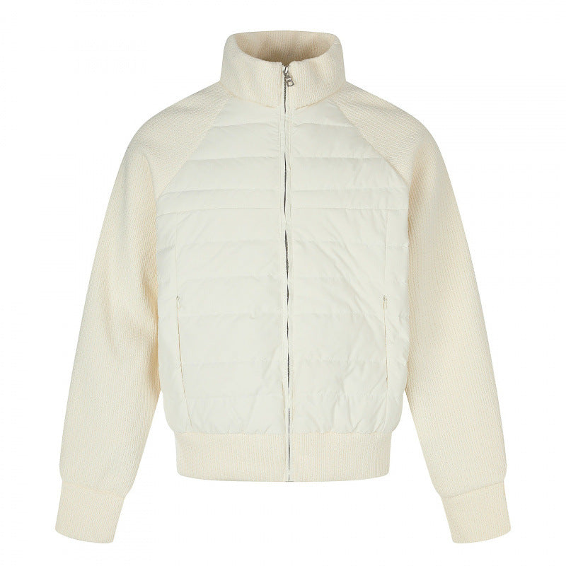 Women's hybrid quilted jacket with quilted front, chunky knit sleeves, and high stand-up collar Mune Fashion