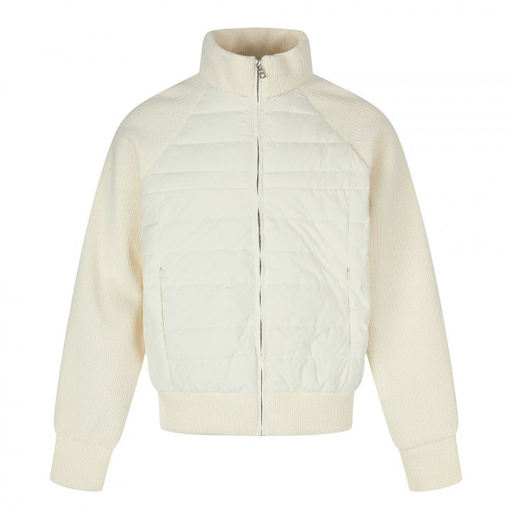 Women's hybrid quilted jacket with quilted front, chunky knit sleeves, and high stand-up collar Mune Fashion