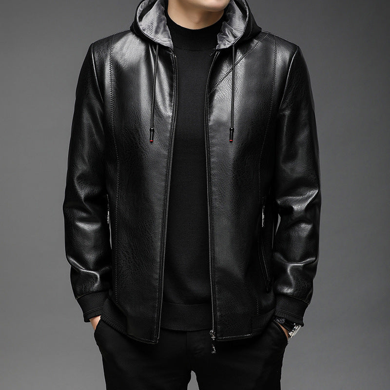 Men's faux leather hooded jacket with fine texture, zipper, and ribbed cuffs Mune Fashion
