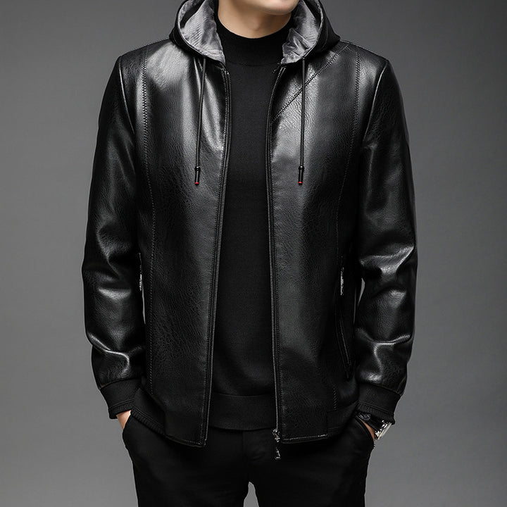 Men's faux leather hooded jacket with fine texture, zipper, and ribbed cuffs Mune Fashion