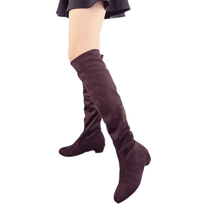 Ladies Overknee Boots with soft suede finish, flat wedge heel and stretchy shaft Mune Fashion