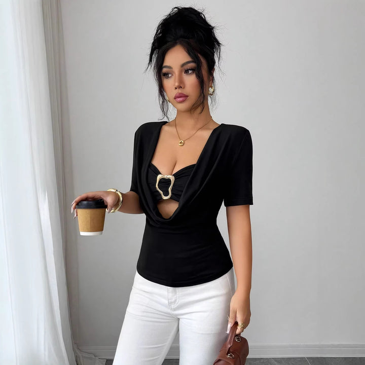 Women nan draped Cropped Top with heart-shaped decorative buckle and Cut-Out Mune Fashion