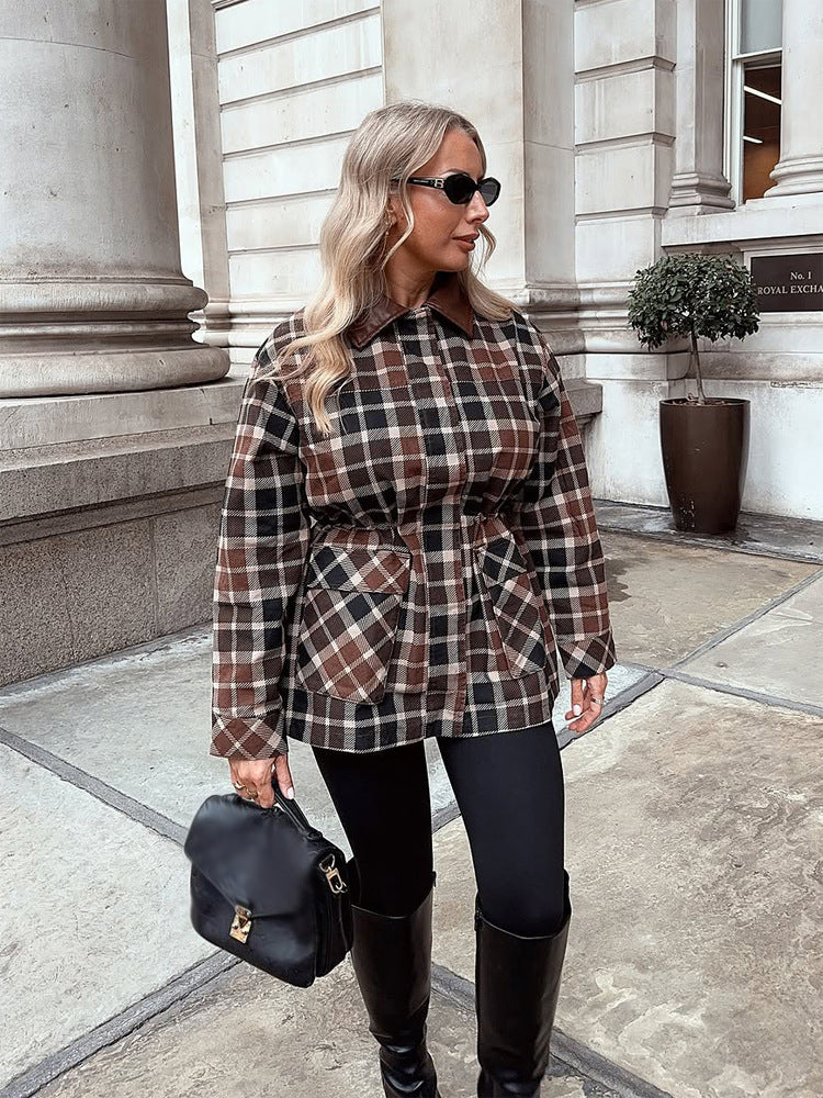 Women Checked Shacket with Waist Drawstring, Flap Pockets & Leather-Look Collar Mune Fashion