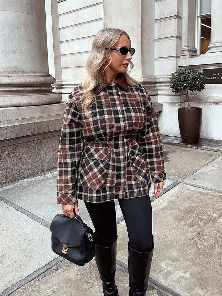 Women Checked Shacket with Waist Drawstring, Flap Pockets & Leather-Look Collar Mune Fashion